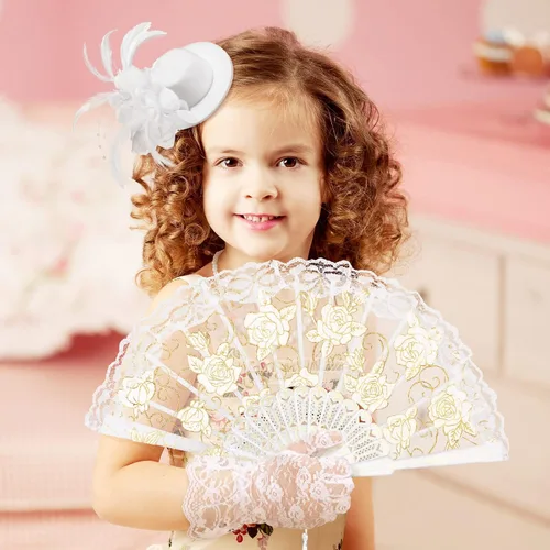 Vista 2 de Sintege 4 piezas de suministros de fiesta de té para niñas, guantes de fiesta de té, sombreros para niñas y niños, collar de fiesta de té