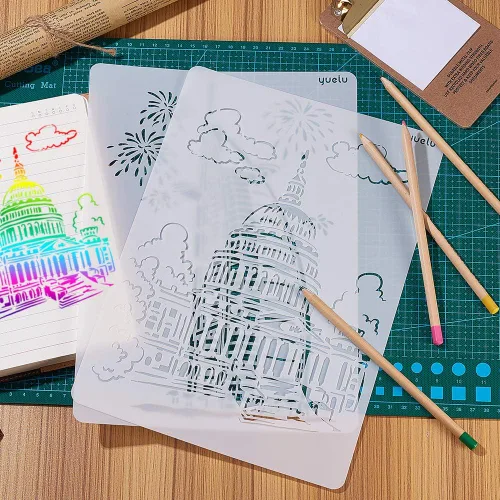 Vista 5 de GORGECRAFT Plantilla de dibujo de plástico A4 de 10 estilos A4, plantillas de edificios de ciudades famosas, paisaje de paisaje reutilizable