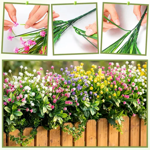 Vista 4 de Hoteam 40 paquetes de flores artificiales para exteriores, resistentes a los rayos UV, plantas de plástico para exteriores, primavera, verano