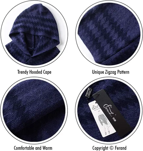 Vista 4 de Ferand Suéter poncho de punto con capucha y rayas en zigzag para mujer con flecos
