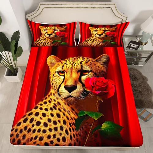 Vista 24 de Erosebridal Juego de sábanas bajeras de rosas rojas y leopardo, tamaño individual, diseño de animales africanos salvajes, diseño de plantas