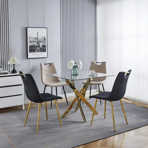 Vista 2 de Mesa de comedor cuadrada de 36 pulgadas para 2, 3, 4 personas, mesa de comedor moderna con patas de metal cromado dorado en forma de X, mesa