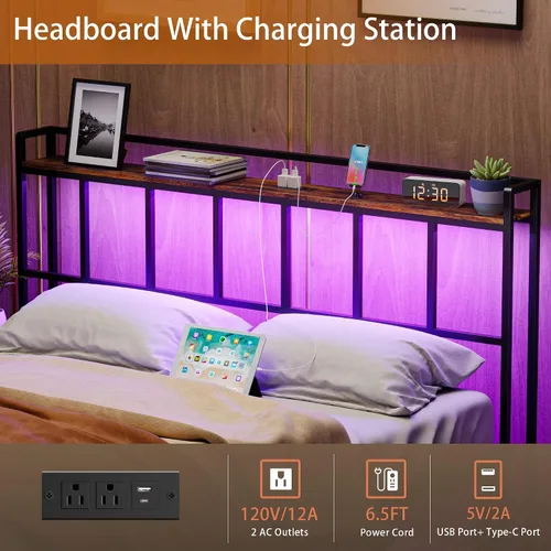 Vista 4 de LAKEMID Cabecera tamaño Queen, cabeceros con luz LED, salidas y puertos USB, cabecera con estante de almacenamiento, cabecera resistente y estable