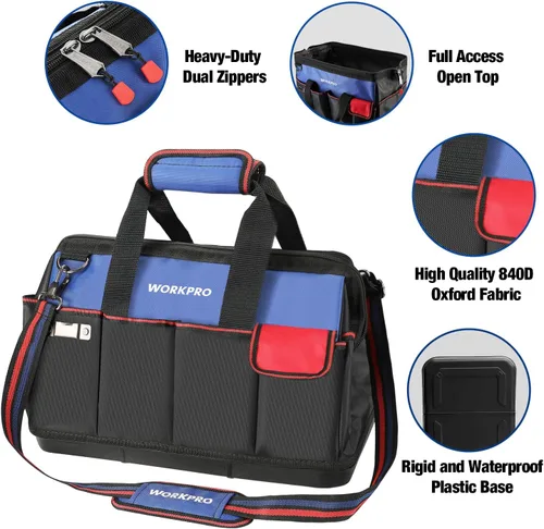 Vista 3 de WORKPRO Bolsa de herramientas, bolsa de herramientas de 18 pulgadas con base moldeada impermeable, bolsa organizadora de herramientas de tapa