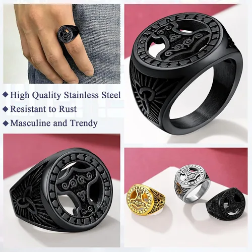 Vista 4 de FaithHeart Viking Vegvisir Pirate Compass Anillos, Acero Inoxidable Chapado en Oro de 18K Símbolo nórdico Vintage Joyería Personalizada Personalizada