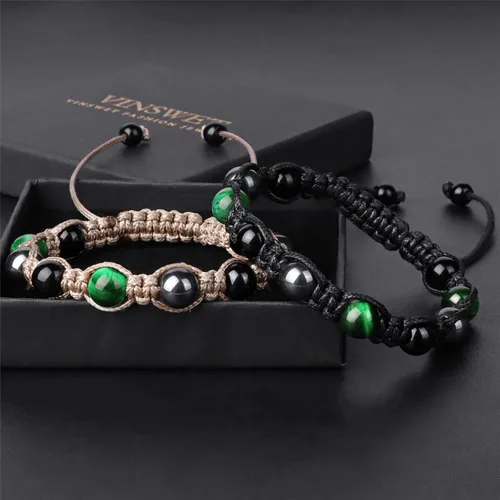 Vista 5 de Vinswet Pulsera de triple protección, pulsera de cuentas de obsidiana negra y hematita auténtica, para hombres y mujeres, pulseras curativas