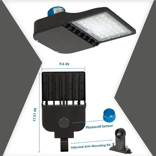 Vista 4 de Luz LED de estacionamiento de 100 W con fotocélula y soporte de brazo ajustable, 14000 lúmenes 5000 K, atenuación de 0-10 V para exteriores