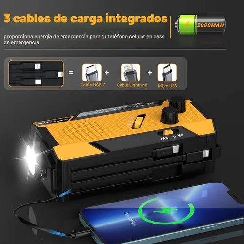 Vista 4 de Radio de emergencia con manivela meteorológica: Radio meteorológica AM/FM/NOAA con 3 cables incorporados - Radio manual con manivela de 2000mAh