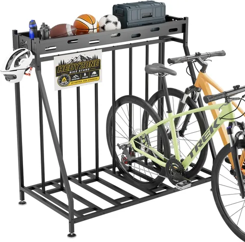Vista 8 de Soporte de 3 bicicletas estable para bicicletas, garaje con cestas de almacenamiento para interiores, estante de almacenamiento de bicicletas