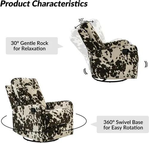 Vista 3 de HULALA Home Silla reclinable moderna de tela estampada para sala de estar, sofá reclinable con respaldo alado, cómodo sillón giratorio de 360 Marrón