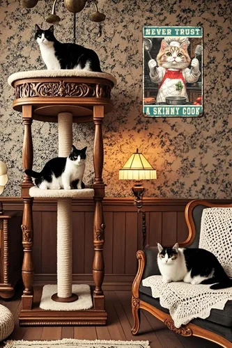Vista 6 de Cartel de metal divertido vintage con diseño de gato de cocina con texto en inglés «Cat Never Trust A Skinny Cook», póster de metal para el hogar