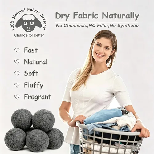 Vista 4 de Budieggs Bolas secadoras de lana gris oscuro XL, paquete de 6, suavizante de tela 100% orgánico de Nueva Zelanda para más de 1000 cargas, seguras