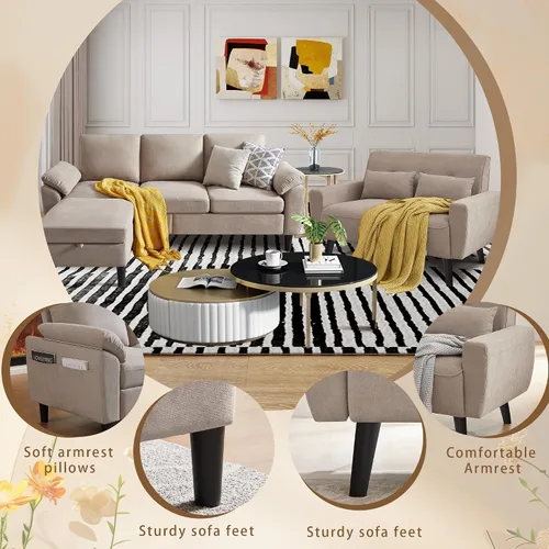 Vista 6 de Juego de sofá modular convertible de 79 pulgadas, moderno sofá pequeño en forma de L de lino con otomana reversible y sofá biplaza, sofás de 3 Beige
