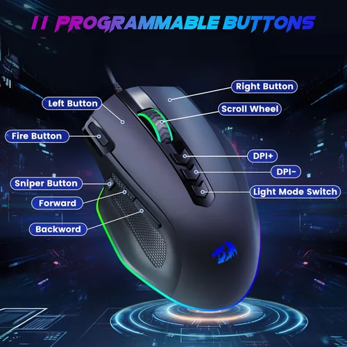 Vista 3 de Redragon Ratón para juegos con cable, mouse ergonómico retroiluminado RGB de hasta 8000 DPI, 11 botones programables y 7 modos retroiluminados