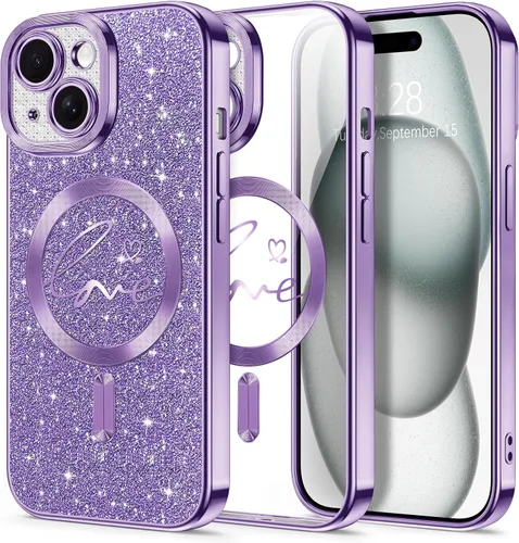Vista 165 de Hython Funda para iPhone Air con purpurina, compatible con MagSafe Love Heart fundas magnéticas transparentes para teléfono para mujeres y niñas