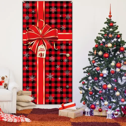 Vista 6 de Cartel de Navidad para puerta, decoración de Feliz Navidad, búfalo a cuadros rojos y negros, telón de fondo de caja de regalo de Navidad, lazo