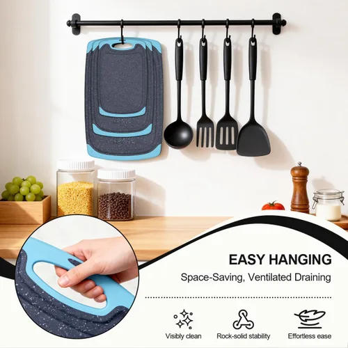 Vista 8 de Tabla de cortar de plástico, 3 tablas de cortar aptas para lavavajillas con ranuras para jugo, mango de fácil agarre, antideslizante, con área
