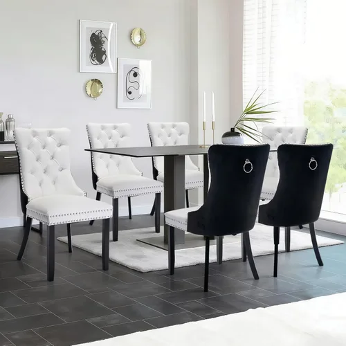 Vista 43 de Juego de 2 sillas de comedor de terciopelo con patas de madera, color beige Mid Century Modern Dining Chairs,Upholstered Chairs with Nailhead