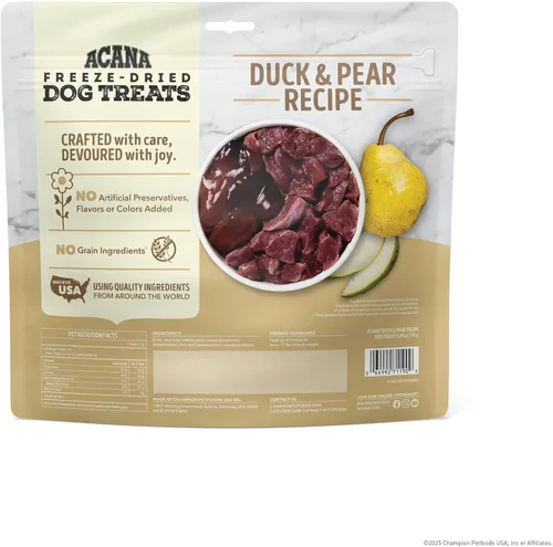 Vista 2 de ACANA Singles - Golosinas para perros sin granos, ingredientes limitados y liofilizadas con pato y pera, bolsa de 3.25oz