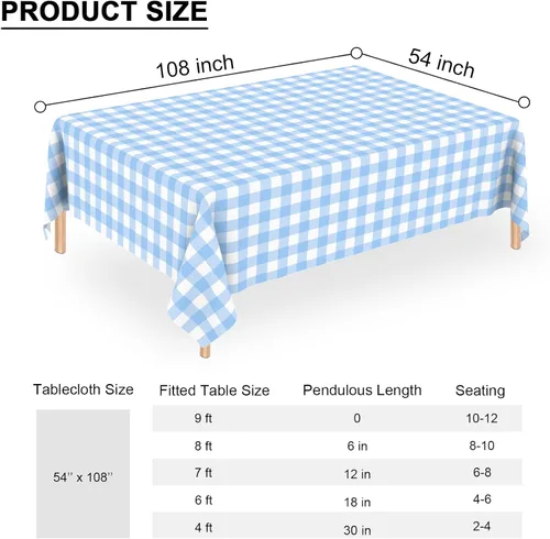 Vista 5 de 2 Pcs Light Blue Gingham Tablecloth Blue Disposable Plastic Checkered Table Cloths for Parties Disposable, Waterproof Rectangular Blue Table Cover