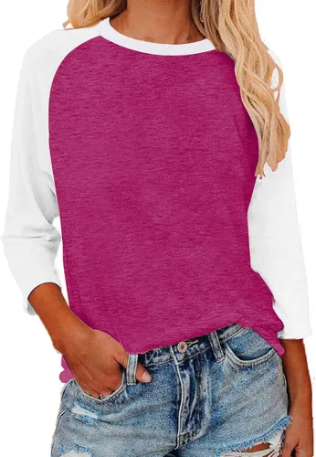 Vista 23 de Camisas de manga 3/4 para mujer, camisetas de verano con cuello redondo, camisetas básicas sueltas de mezcla de algodón para mujer