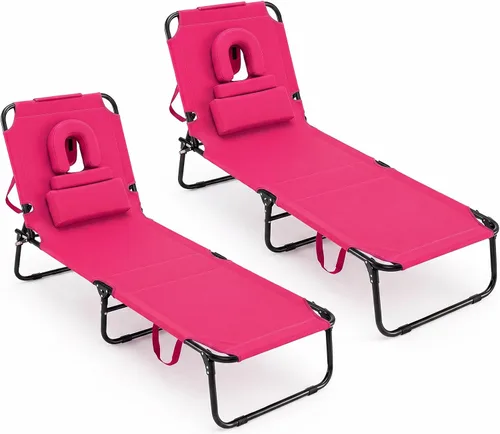 Vista 11 de GYMAX Silla de bronceado, silla de playa de 350 libras con agujero para la cara, almohada lavable y correa de transporte, tumbona plegable Ártico