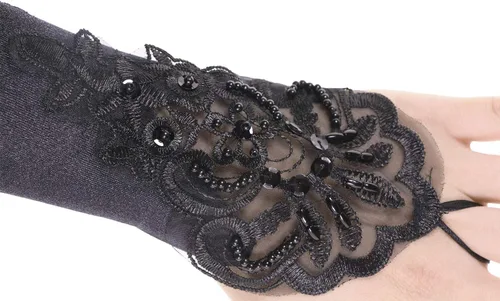 Vista 3 de PENTA ANGEL Guantes largos negros de ópera de los años 20 con trabillas para los dedos, elásticos sin dedos, bordado floral, lentejuelas, satén