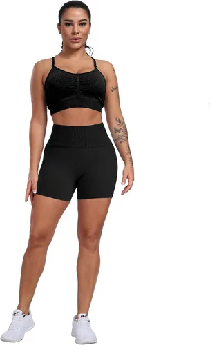 Vista 2 de CHRLEISURE Pantalones Cortos de Entrenamiento para Mujer, 4 Paquetes, Cintura Alta, Levantamiento de Glúteos con Fruncido, Pantalones Cortos Booty