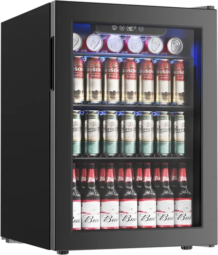 Vista 10 de Icyglee Refrigerador de bebidas, mini refrigerador para 16 botellas y 68 latas con puerta de vidrio, refrigerador independiente de bebidas para vino