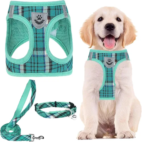 Vista 12 de PUPTECK - Arnés, collar y correa ajustables, sin tirones, para perros pequeños y medianos, cachorros y gatos, pechera reflectante acolchada de malla