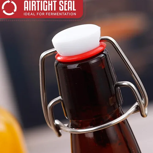 Vista 4 de Botellas de vidrio, botella de almacenamiento de vidrio marrón recargable con tapas abatibles, botellas de cierre de hierro ámbar con calcomanías