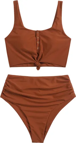 Vista 5 de ZAFUL - Traje de baño de dos piezas, cuello redondo, bikini, de cintura alta, para mujer