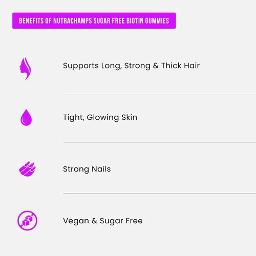 Vista 4 de NutraChamps Gomitas de biotina sin azúcar de 10000 mcg [alta potencia] – Cabello saludable, piel y uñas para mujeres, hombres y niños – 5000 mcg