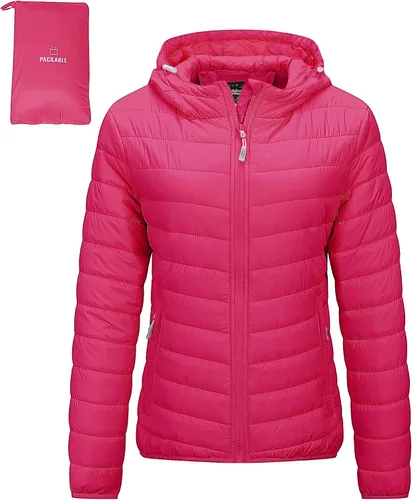 Vista 17 de Outdoor Ventures Chaqueta Puffer Ligera Empacable para Mujer con Cremallera Completa y Capucha, Abrigo de Invierno Acolchado Verde militar