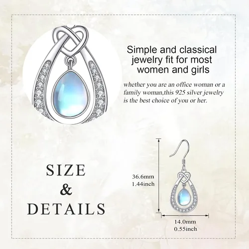 Vista 5 de Aretes de piedra lunar celta para mujer, plata de ley 925, nudo de trinidad, piedra lunar, aretes colgantes con cierre de palanca, regalo de joyería