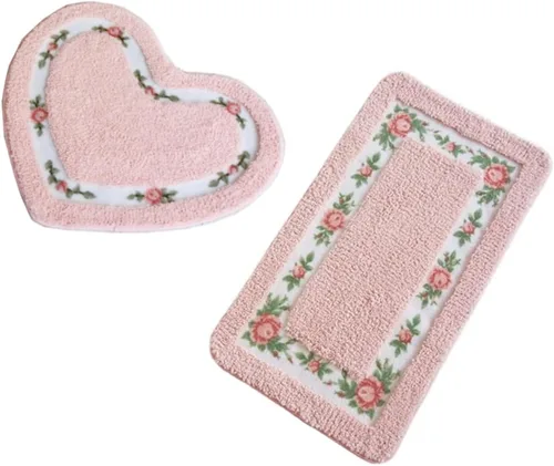 Vista 7 de Bonita alfombra de área de flores de rosas en forma de corazón para un baño súper suave, antideslizante, absorbente, alfombra de baño floral Azul