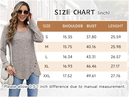 Vista 4 de BZB Suéteres para mujer Otoño 2023 Ligero Manga Larga Cuello Cuadrado Túnica Tops