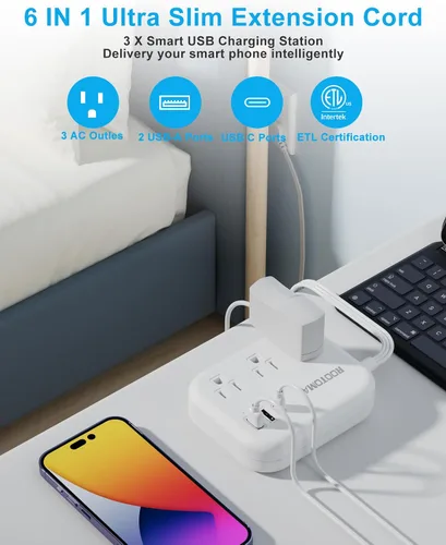 Vista 6 de Cable de extensión plano de 20 pies detrás de los muebles