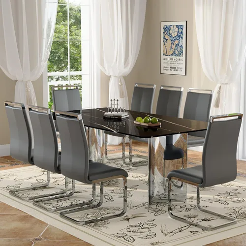 Vista 16 de Juego de mesa de comedor moderno para mesa de comedor de cristal de 6, 7 piezas, mesa de mármol sintético de 71 pulgadas con base de acero