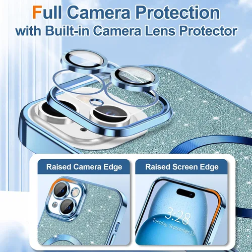 Vista 119 de Hython para iPhone 15 Plus Funda con chispas brillantes, Fundas transparentes magnéticas con protector de lente de cámara [Compatible con MagSafe]