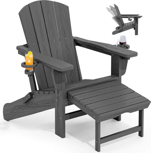 Vista 32 de KINGYES Silla Adirondack plegable ajustable con otomana y 2 portavasos, silla reclinable Adirondack HDPE con reposapiés, Aruba