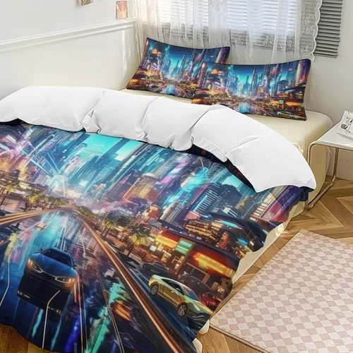 Vista 22 de Art Duvet Cover Full Size, Ultra Soft Microfiber Night Scenery Bedding Set, 3 Pieces City View Pattern Comforter Cover Set with Zipper Closure