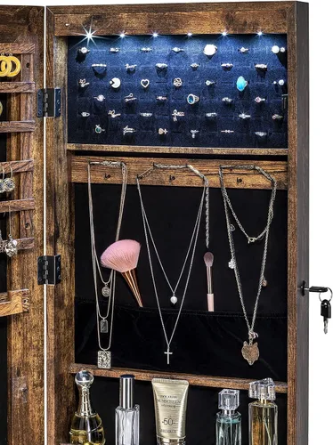 Vista 2 de YOKUKINA Armario de espejo de joyería, organizador de almacenamiento grande con luz LED, armario con cerradura para colgar en la puerta o montar