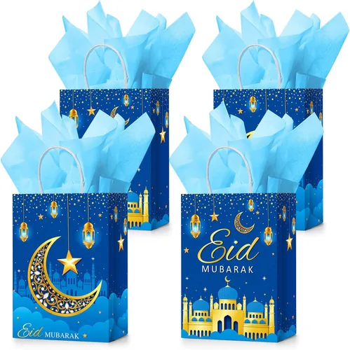 Vista 10 de Censen 16 juegos de bolsas de regalo de Eid Mubarak con papel de seda, bolsas de golosinas de Ramadán para suministros de fiesta de Ramadán (negro)