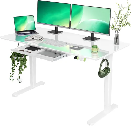 Vista 10 de INNOVAR Escritorio de pie de cristal con cajones, escritorio de pie ajustable de 32 x 19 pulgadas, escritorio de computadora de oficina en casa