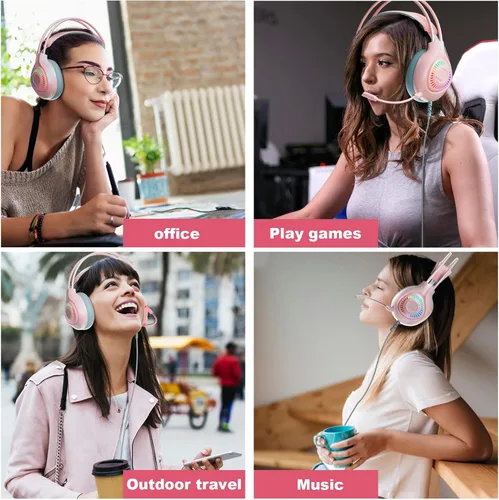 Vista 7 de Emonoo Auriculares para juegos rosa con decoraciones de orejas de gato, auriculares con cable con micrófono de cancelación de ruido y efecto de luz