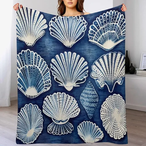 Vista 7 de Manta de conchas de mar azul para cama, manta náutica costera, manta de franela para sofá, cama, oficina para adultos, 30 x 40 pulgadas, manta suave