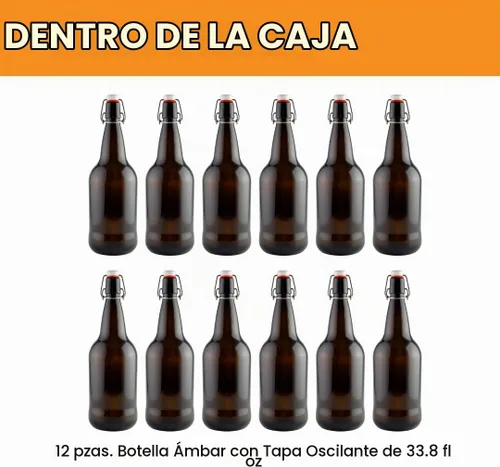Vista 2 de FastRack Botellas de vidrio Swing Top de 33 onzas, paquete de 12, botellas de vidrio con tapa abatible ámbar con tapas herméticas, botellas