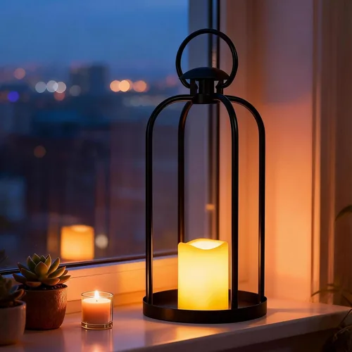 Vista 3 de Farol de Metal Navideño de 15" Faroles de Decoración Navideña para Exteriores con Vela LED Sin Llama Soporte Colgante, Farol Colgante Decorativo