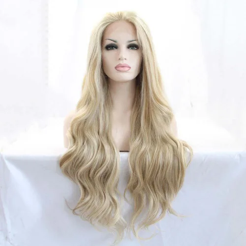 Vista 13 de 1001 #Color sintético rubio blanco encaje frente pelucas para mujeres pelo rubio platino largo cuerpo onda peluca resistente al calor fibra larga
